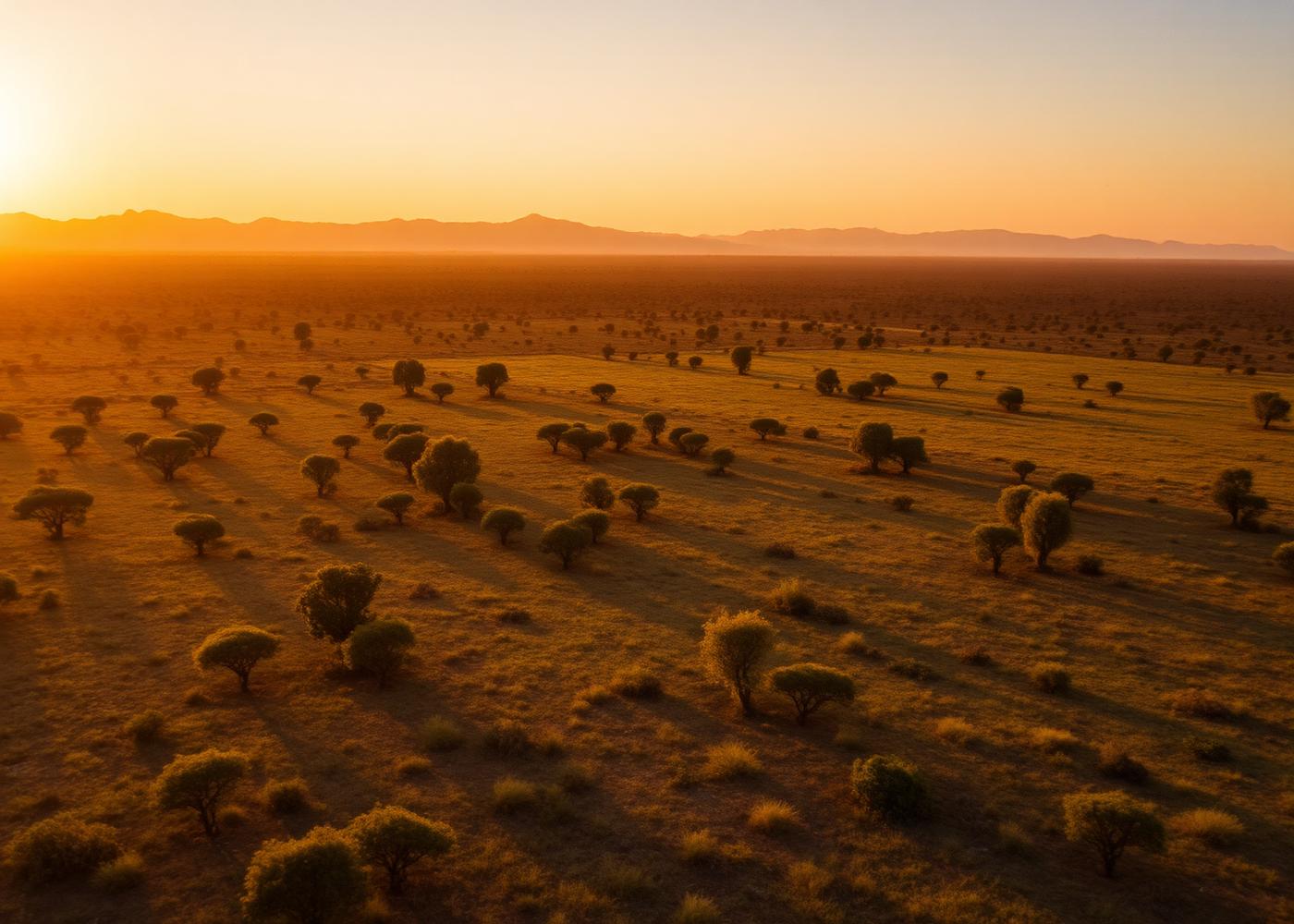 Aerial view of a game reserve at golden hour